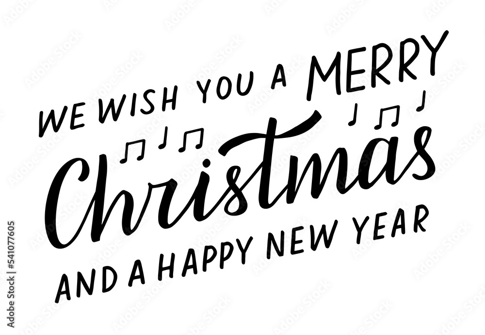 We wish you a Merry Christmas and a Happy New Year. Handwritten Lettering, modern brush calligraphy. Black and white diagonal text for greeting card, print, poster.
