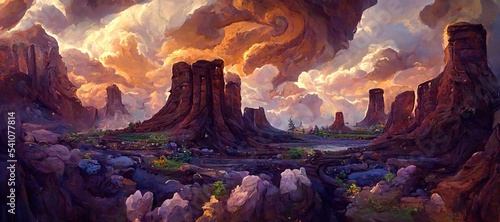 Awe inspiring sandstone butte pillar rock formations, ancient inscribed canyon valley monolithic arches and cliffs - wild flowers and majestic epic surreal turbulent storm clouds. 