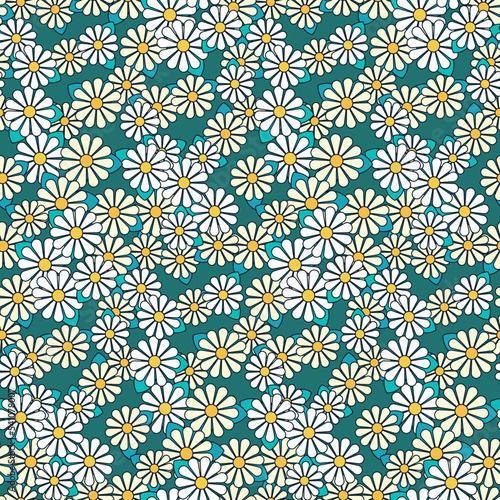 Seamless floral pattern, cute ditsy print with line art chamomile flowers. Pretty flower design with chamomile field, small flowers buds, leaves on a blue background. Vector botanical illustration.