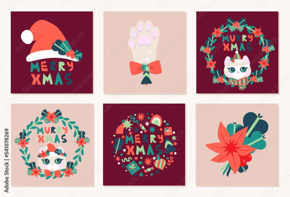  Set of cute Christmas cards with kitten portraits, Santa hat, paw, flowers and leaves.