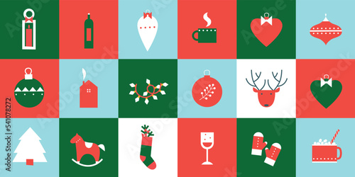 Merry Christmas vector flat icons. Set for covers, invitations, posters, banners, flyers, illustration. Minimal template design for branding, advertising with winter Christmas composition.