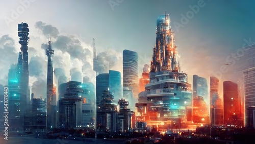 3D Scheme of the city of the future. The concept of a new city. 3D rendering. Raster illustration.