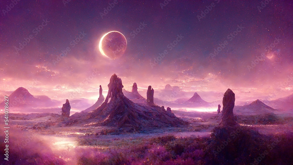 A magical portal on the surface of an alien planet in a purple glow 3d illustration