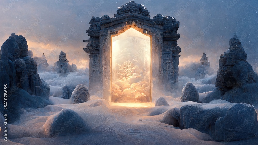 Snowy landscape in the form of a magical portal with a glowing entrance on a rock under a cloudy gray sky 3d illustration