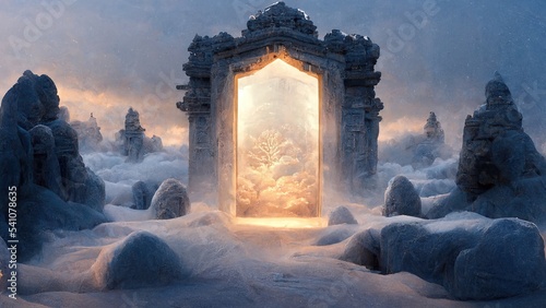 Snowy landscape in the form of a magical portal with a glowing entrance on a rock under a cloudy gray sky 3d illustration photo