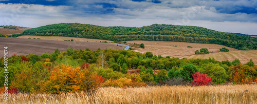 scenic view of farmland in autumn with colorful trees. A picturesque view of ...