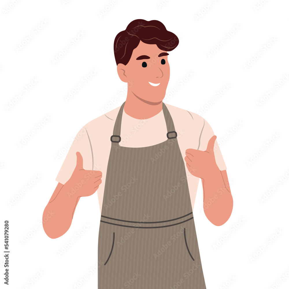 Grocery store employees,small business.Happy positive man showing gesture. Flat vector illustration Grocery store employees,small business.Happy positive man showing gesture. Flat vector illustration