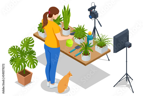 Isometric video blogger planting flower, gardening and housework. Woman or blogger planting pot flowers with camera recording tutorial video at home. Gardening, hobby