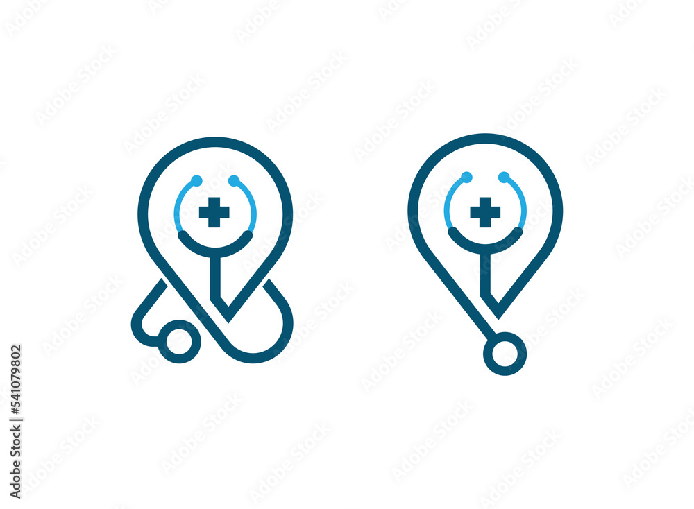 Pin Stethoscope Logo Concept sign icon symbol Element Design. Location, Health Care, Medical Logotype. Vector illustration template Pin Stethoscope Logo Concept sign icon symbol Element Design. Location, Health Care, Medical Logotype. Vector illustration template