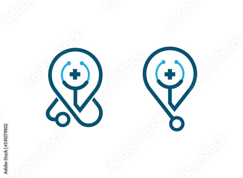 Pin Stethoscope Logo Concept sign icon symbol Element Design. Location, Health Care, Medical Logotype. Vector illustration template
