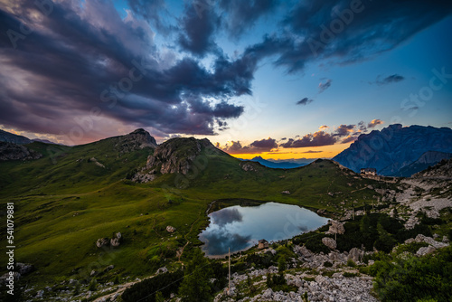 Beautiful sunset mountain scenery at Rifugio Passo Valparola. Falzarego pass  Dolomites  South Tirol  Italy  Europe.