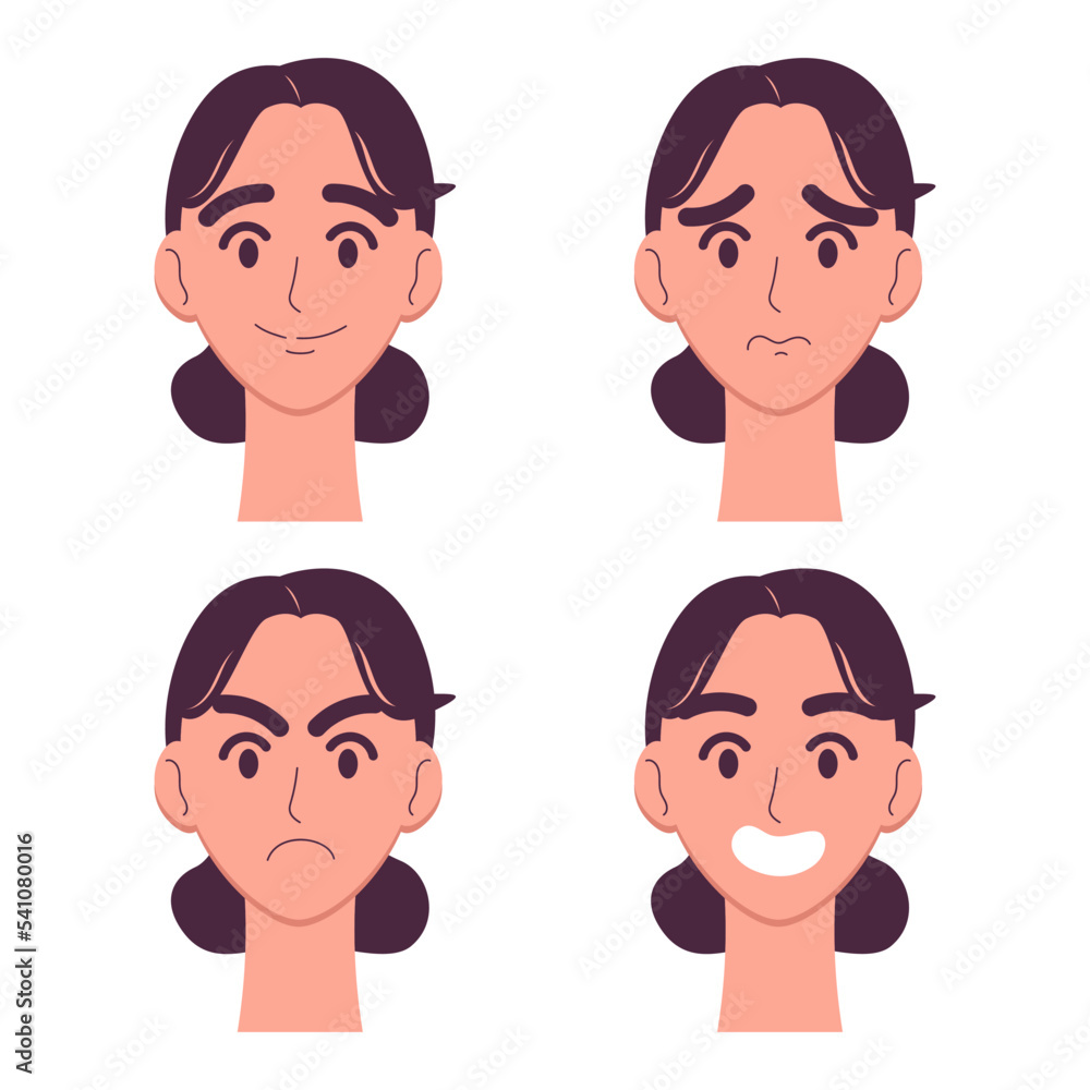 Set of woman's emotions. Facial expression. Girl with dark hair avatar. Vector illustration of a flat design isolated on white background. Set of woman's emotions. Facial expression. Girl with dark hair avatar. Vector illustration of a flat design isolated on white background.