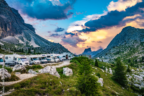 Beautiful sunset mountain scenery at Rifugio Passo Valparola at camper parking area. Falzarego pass, Dolomites, South Tirol, Italy, Europe. photo