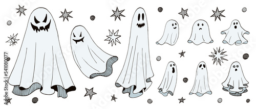 Set of ghosts  flying phantoms for Halloween  vector illustration  hand drawn. Line art. Sketch illustration