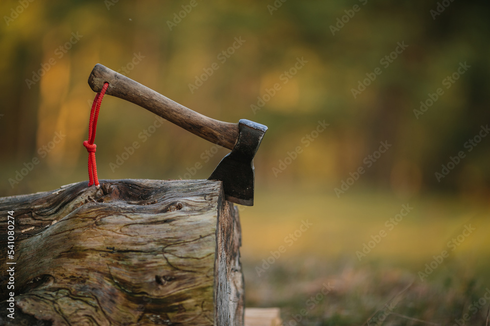 Tourist ax in a wooden log close-up. Tourist ax in a wooden log close-up.
