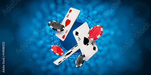 Poker casino background gamble vegas vector banner design. Casino poker flying cards and chips.