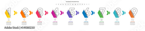 Vector timeline infographics with 9 steps, icons, flowchart, workflow and process infographic. Illustration template with arrows.