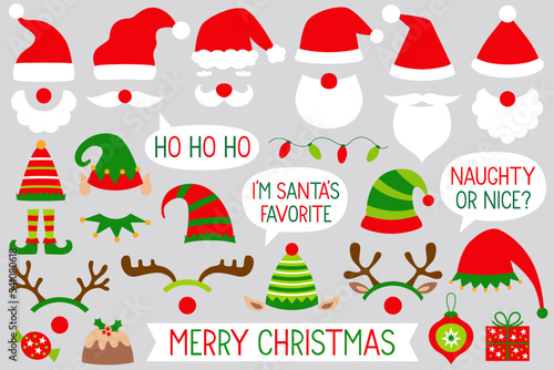 Santa and elf hats, deer horns, Christmas vector clip art set