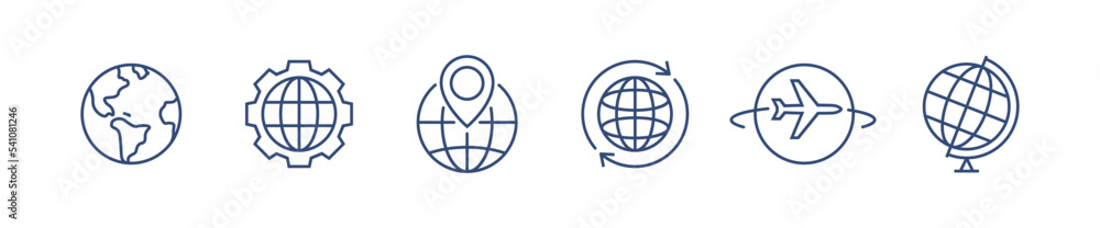World globe line icon. Vector Earth global country map planet line icon. Travel internet globe set