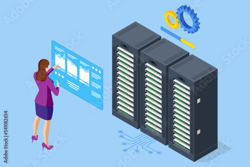Isometric Data Center Equipment . Modern Telecommunications, Artificial Intelligence, Supercomputer Technology Concept. Computer Storage .