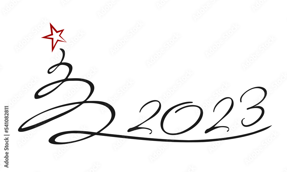 Fototapeta premium Happy New Year 2023 text design with christmas tree. for Brochure design template, card, banner. Vector illustration. Isolated on white background. Minimalism