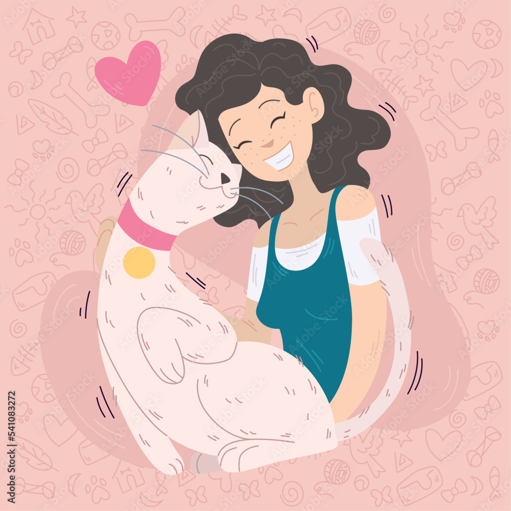 Happy girl hugging her cute cat Vector illustration Happy girl hugging her cute cat Vector illustration