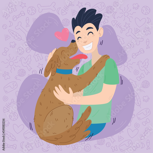 Isolated happy boy hugging a dog character Vector illustration
