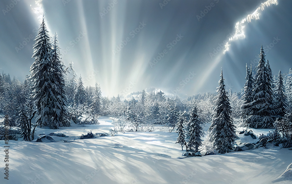 Beautiful winter landscape.  Majestic white spruces glowing by sunlight. Picturesque and gorgeous wintry scene. 