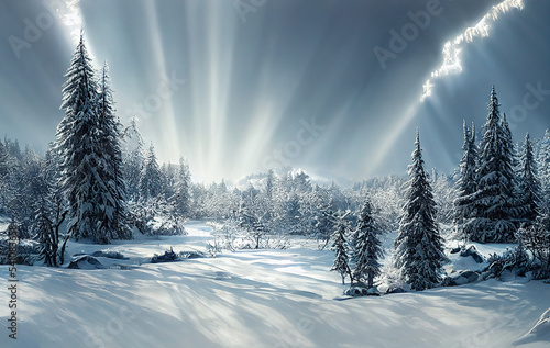 Beautiful winter landscape. Majestic white spruces glowing by sunlight. Picturesque and gorgeous wintry scene. 