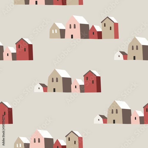 Beautiful Christmas seamless pattern. Village landscape with red Swedish houses. Nordic winter design for wrapping paper, textile. Vector illustration background.
