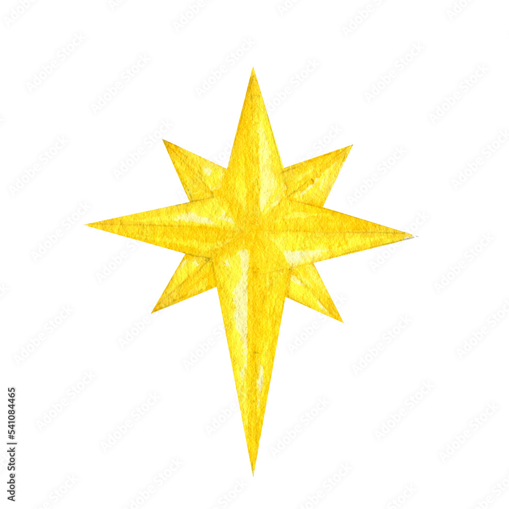 Bethlehem golden star watercolor, Christmas Star symbol illustration on