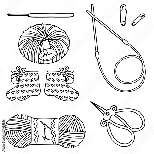 Linear sketches of paraphernalia for knitting.Various sewing accessories.Vector graphics.