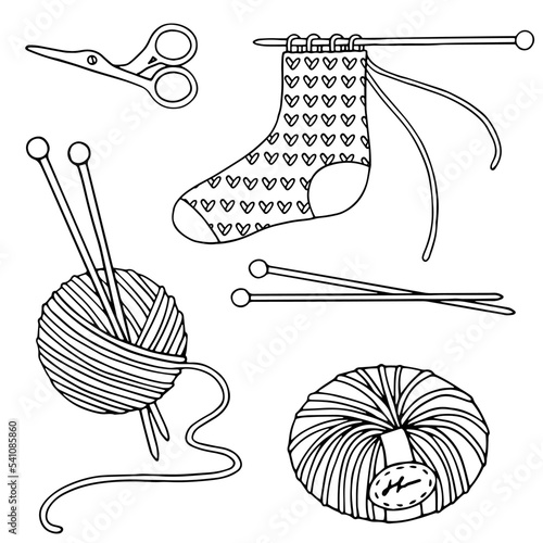 Linear sketches of paraphernalia for knitting.Various sewing accessories.Vector graphics.