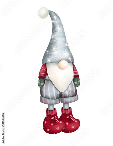 Scandinavian Christmas gnome in silver hat, Christmas winter gnome illustration
