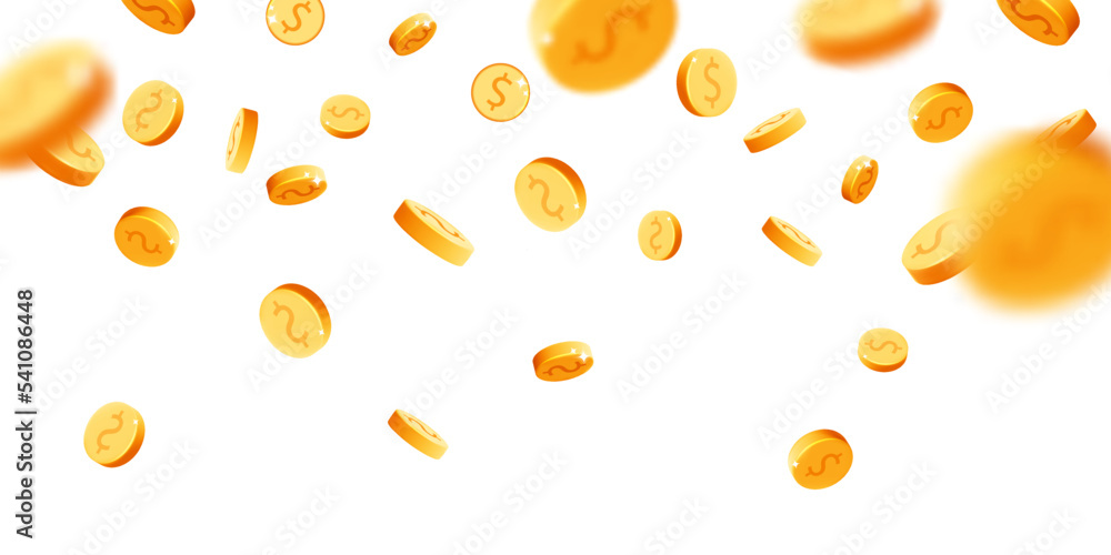 3d vector gold rain coins floating in the air banner design. Realistic render falling down metal round dollars isolated on white background. Casino, jack pot, gold mine wealth, cash back concept. 3d vector gold rain coins floating in the air banner design. Realistic render falling down metal round dollars isolated on white background. Casino, jack pot, gold mine wealth, cash back concept.
