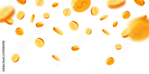 3d vector gold rain coins floating in the air banner design. Realistic render falling down metal round dollars isolated on white background. Casino, jack pot, gold mine wealth, cash back concept.