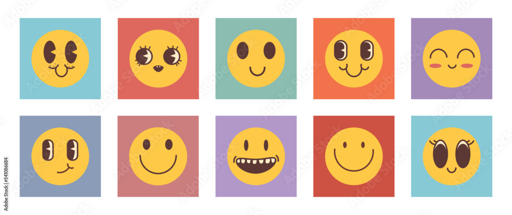Groovy cartoon characters. Funny happy emoji with eyes and smile. Sticker pack in trendy retro trippy style. Isolated vector illustration. Hippie 60s, 70s style. Groovy cartoon characters. Funny happy emoji with eyes and smile. Sticker pack in trendy retro trippy style. Isolated vector illustration. Hippie 60s, 70s style.