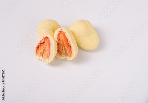 dried strawberry coating by white chocolate for Japanese sweet food image