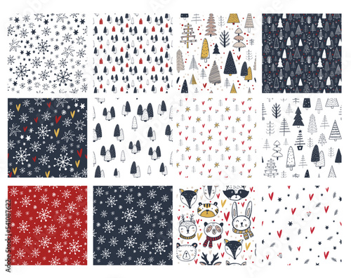 Seamless pattern set. Christmas tree, animals, snowflakes. simple scandi seamless pattern design. Graphic trees shapes, minimal Noel decor.