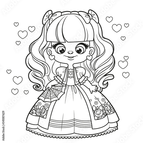 Cute cartoon long haired princess girl in ball dress with fan in hand outlined for coloring page on white background