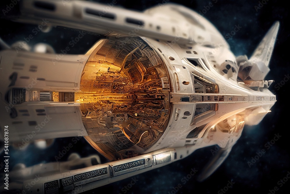 An unidentified Alien spaceship in space with nuclear engines traveling An unidentified Alien spaceship in space with nuclear engines traveling