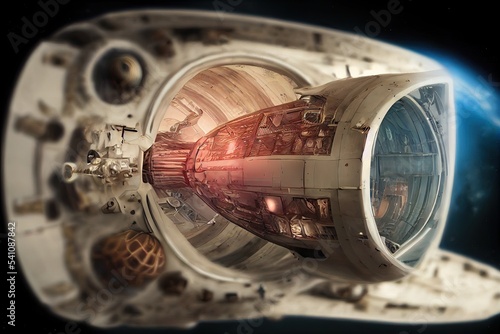 An alien spaceship in space with nuclear engines traveling at hyper-speed. 3D illustration.