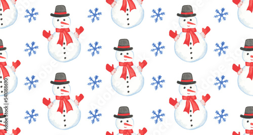 Christmas snowman in black hat, red mittens, smiling face with carrot nose. Snow flakes falling winter tale vector seamless pattern. 