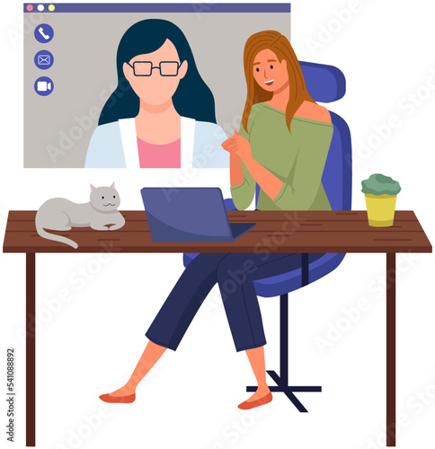 Remote comunication program for computer. Distance chatting, internet video call concept. Girl uses website for virtual communication, teamwork. Woman during video meeting, online business conference