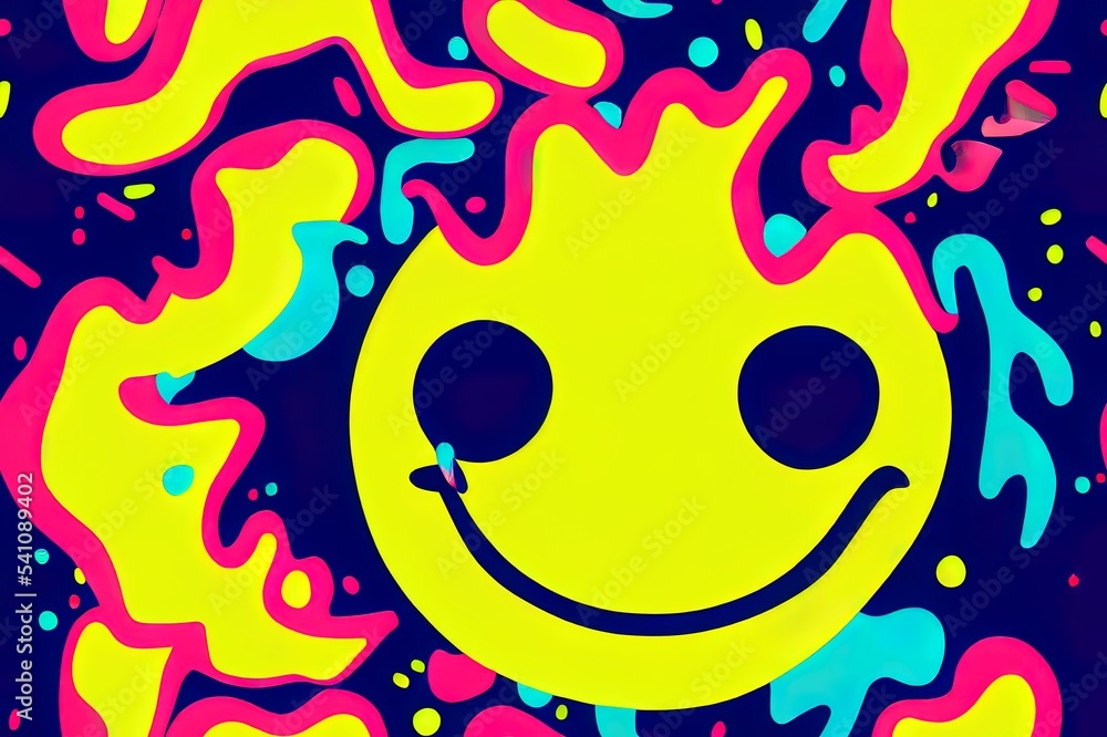 Funny psychedelic trippy surreal melt smile face neon light seamless ...