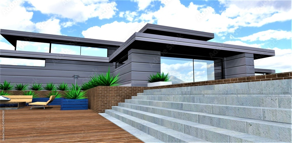 Fototapeta premium A monolithic concrete staircase from a wooden flooring up to a high blind area, lined with brown bricks at the ends. Below is a cozy patio, and above is a wonderful country house. 3d rendering.