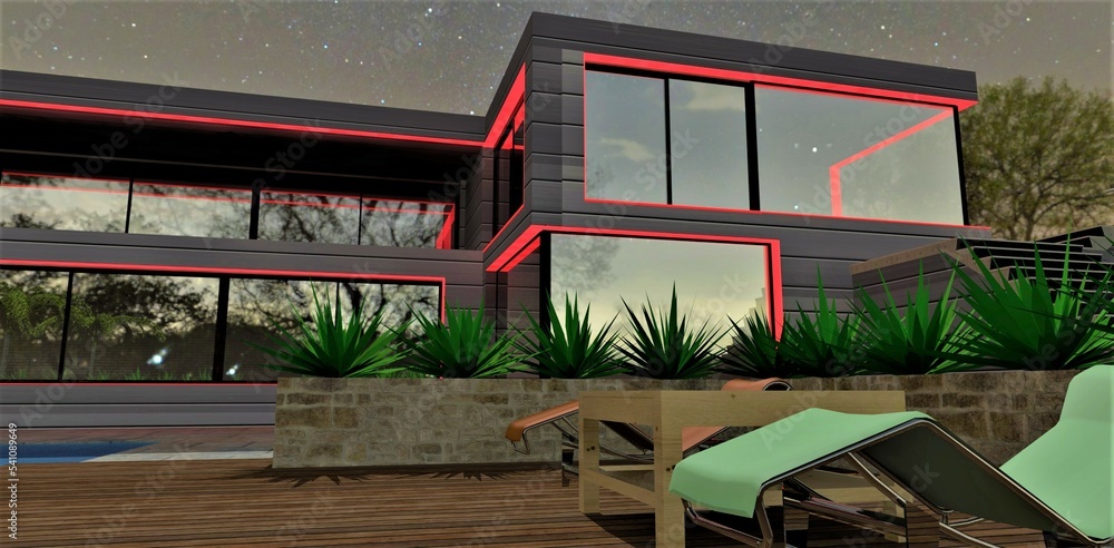 Comfortable sun loungers on a terrace board in a recreation area in front of a country elite house with scarlet facade illumination. 3d rendering. Comfortable sun loungers on a terrace board in a recreation area in front of a country elite house with scarlet facade illumination. 3d rendering.