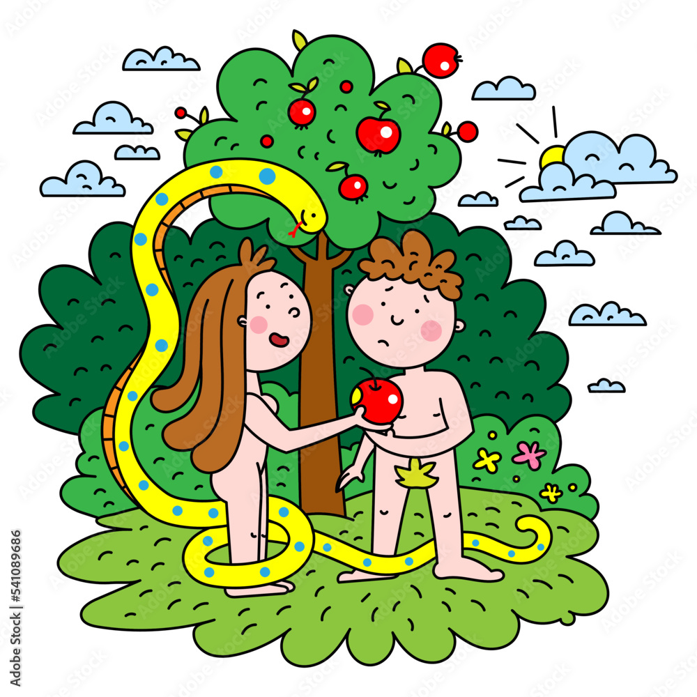 Bible story about adam and eve. vector, color, white background Stock