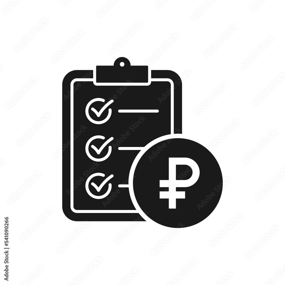 Ruble currency sign and clipboard. Money checklist, financial report flat icon isolated on white background. Vector illustration Ruble currency sign and clipboard. Money checklist, financial report flat icon isolated on white background. Vector illustration