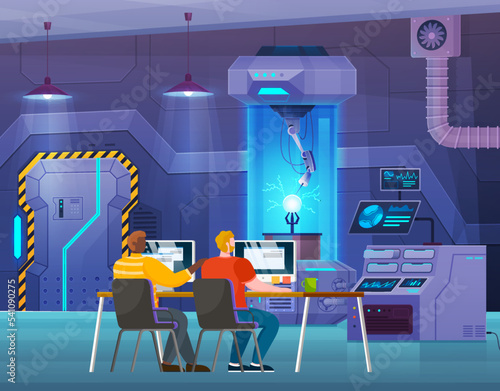 Programmers scientists in laboratory conduct experiment, develop tests men scientific research in technical or chemical lab with equipment glass camera with electricity, computers and lab machines